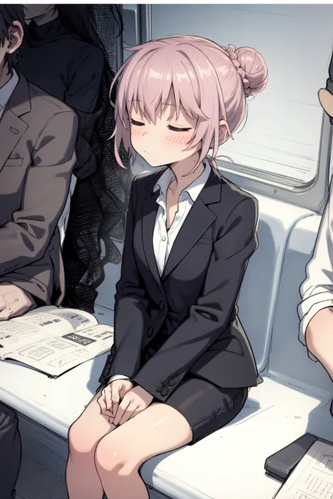 (traditional media, sketch:1.3),
1girl, mature, flat chest, single hair bun, dark hair, closed eyes, sleepy
BREAK office attire, grey blazer, white shirt, pencil skirt, sitting, v arms
BREAK public train, train interior, city background, sunset