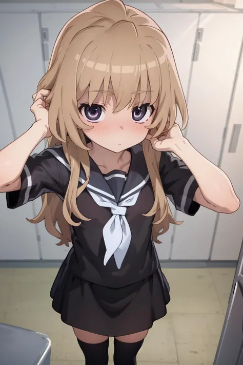 (absurdres, official art, illustration, anime:1.2),
1girl, aisaka taiga, brown eyes, looking away, shy, full face blush, blush lines, flat chest
BREAK black serafuku, black skirt, black shirt, black thighhighs
BREAK (white neckerchief:1.2), (hand on own hair)
BREAK perspective shot, locker room