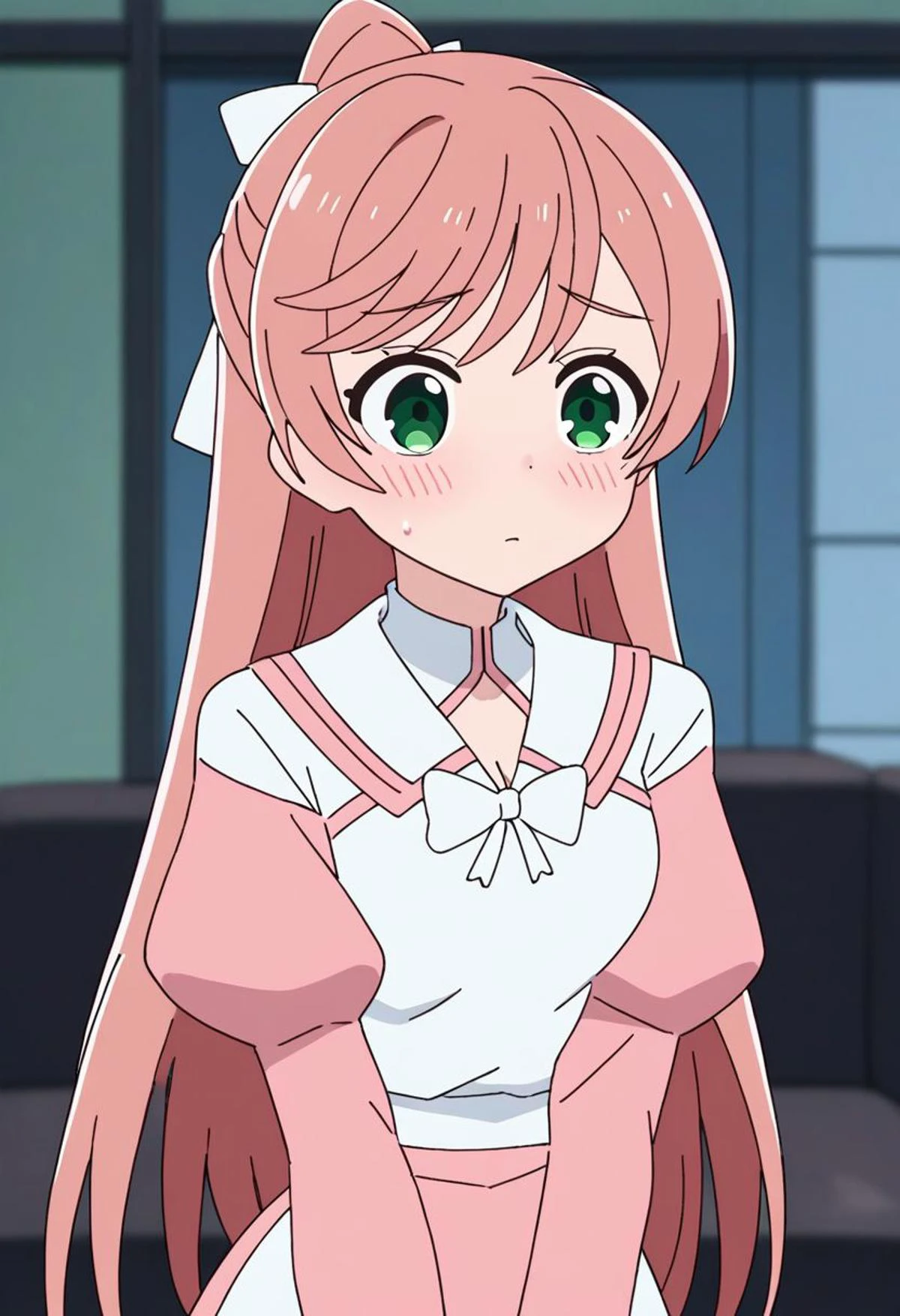 score_9, score_8_up, score_7_up, source_anime, rating_safe BREAK, nsfw , Nijigaoka Mashiro, pink hair, long hair, green eyes, half updo, cleavage cutout, pink dress, white dress, short puffy sleeves, white bow, white sailor collar,flustered
