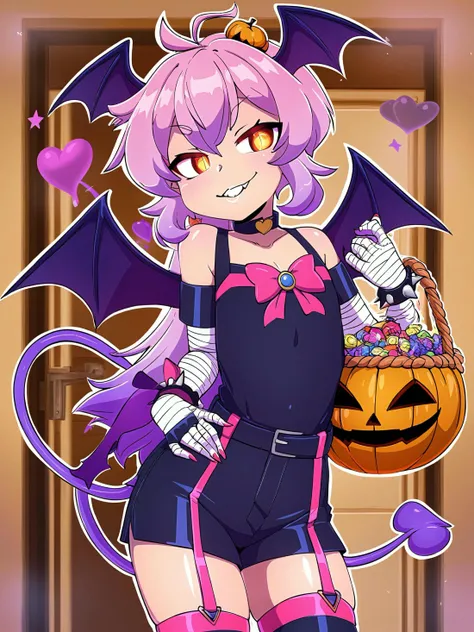 score_9,score_8_up,score_7_up,score_6_up,source_anime, shiny, shiny skin, <lora:wagashi-lyco-pony:0.8>, <lora:MeMaXL_V3:0.8>,
in front of the door stood a (succubus) holding a candy basket filled with jack-o-lanterns, dressed in Imp (sailor suit) style, His flat chest was bandaged. Her suspenders were adorned with lace trim and a small bat sticker on her boyish face added to her cute, mischievous charm. She had a (devilish tail and wings), (brown-gray shoulder-length hair), a charming expression with her fingers on her lips, There was a faint pink flush on her cheeks.