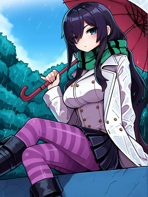 score_9, score_8_up, score_7_up, score_6_up, score_5_up, zPDXL2, max detail, 4k wallpaper, masterpiece, best quality, absurdres, highres, dynamic angle, dynamic pose, source_anime, KOONOWENStyle, DeaverStyle,
1girl, long hair, rain, striped, hair over one eye, black hair, skirt, scarf, solo, umbrella, sitting, looking at viewer, breasts, black skirt, coat, pantyhose, green eyes, long sleeves, green scarf, fur trim, buttons, water drop, parted lips, boots, striped scarf, outdoors, miniskirt, blush, wet, holding umbrella, white coat, bangs, pale skin, large breasts, thighhighs, fur-trimmed boots, arm support, very long hair, striped thighhighs, pleated skirt, striped pantyhose, colored skin, white skin, black scarf, cloudy sky, from side,
<lora:KOONOWENStyle:1><lora:ThickOutline:0.25> <lora:DeaverStyle:0.2> <lora:wagashi-lyco-pony:0.5>