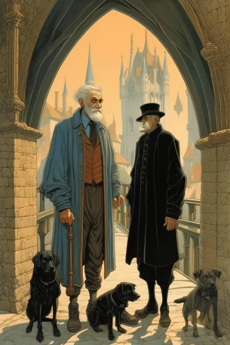 <lora:Luc Schuiten Style:1>Luc Schuiten Style - magazine illustration of people under a gothic bridge, an old man with two dogs, a family with a kid, a crest on the side of the bridge, italian tower in the distance
