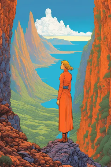 <lora:Luc Schuiten Style:1>Luc Schuiten Style - New Zealand southern fjordland in the style of Moebius, line art, comicbook front-cover graphic, bold colours, featuring a lone beautiful female figure looking on the landscape, with some tall vertical structures on the mountains