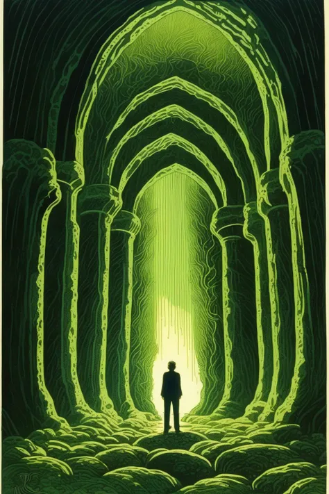 <lora:Luc Schuiten Style:1>Luc Schuiten Style - Man standing under sprawling mossy stone archways leading to glowing source of ethereal light, vivid linocut print