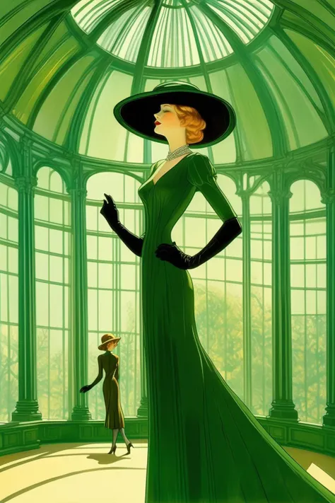 <lora:Luc Schuiten Style:1>Luc Schuiten Style - an illustrate in art nouveau style of a woman model standing in dark green dress and elegant hat by Dior and long gloves in the middle of the big sunny room with glass ceilings.