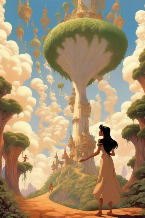 <lora:Luc Schuiten Style:1>Luc Schuiten Style - Picture an extreme long shot where the three enchanting White Mages, who bear a striking resemblance to Pocahontas with their dark brown hair and light brown skin, flit about in both the foreground and background. The scene centers on the mesmerizing, spiraling ascent of a giant magical beanstalk, akin to the fabled beanstalk from "Jack and the Beanstalk", rooted in the middle of desolate farmland (Content: extreme long shot, White Mages, foreground and background, mesmerizing ascent, giant magical beanstalk, desolate farmland). The artwork should utilize the Vibrant Digital Animation technique characteristic of modern Disney films, but with an extra dash of the fantastical from "Fantasia" for the beanstalk's magical growth and the mages' elegant movement (Medium: Vibrant Digital Animation, Fantasia's fantastical dash). The artistic approach should embody the lively and engaging art style seen in Disney's "The Emperor's New Groove" and the steampunk aesthetic of "Treasure Planet" (Style: Emperor's New Groove, Treasure Planet). The lighting should accentuate the characters and the beanstalk's growth with dramatic highlights and shadows (Lighting: dramatic highlights and shadows). The color scheme should utilize the vibrant, bold hues of Disney's animated features, with the mages adding a spectrum of magical pastel hues (Colors: vibrant Disney hues, magical pastel hues). The composition involves an extreme long shot, capturing the grandeur of the mages and the twisting growth of the beanstalk, echoing the grand character introductions of Disney (Composition: extreme long shot, grandeur of mages and twisting growth).