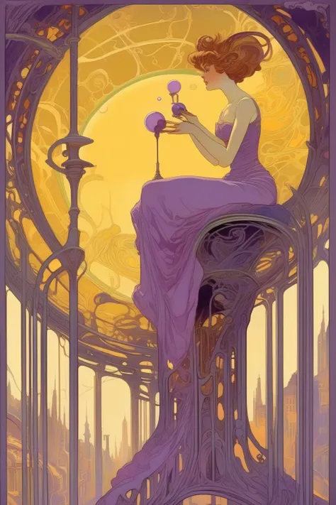 <lora:Luc Schuiten Style:1>Luc Schuiten Style - Incorporate Franois Schuiten's signature blend of art nouveau and science fiction elements and painting style. Purple and yellow color palette. It is night. Make it romantic. Extremely detailed.