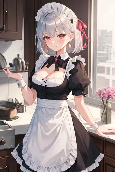 best quality, masterpiece, highres, solo, {kama_fgo:1.15}, red_eyes, bangs, ribbon, hair_ribbon, jewelry, earrings, breasts, white_hair, blush, smile, short_hair, long_hair, small_breasts, grey_hair, large_breasts, 1girl, alternate_costume, black_dress, dress, enmaided, looking_at_viewer, maid, maid_headdress, puffy_short_sleeves, puffy_sleeves, short_sleeves, apron, white_apron, waist_apron