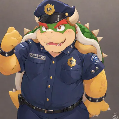 Bowser wearing police uniform, anime <lora:Bowserxl-nsfw:1>