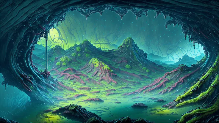 (highly detailed landscape:1.05), gelatinous, (biogan:1.1), biopunk, bioluminescence, flora, membranous, (dank bog:0.9), dripping<lora:biogunv2:0.8>