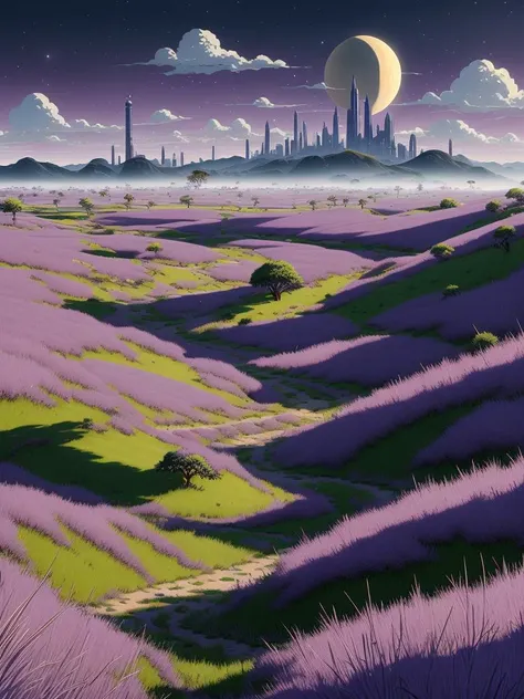 Long shot of Lush Savannah, Visual Novel in Tite Kubo style, Nebulous, Melancholic, Eerie, award-winning, surreal masterpiece, hyper-realistic, masterpiece, trending on artstation, Purple Monochrome, Low Contrast