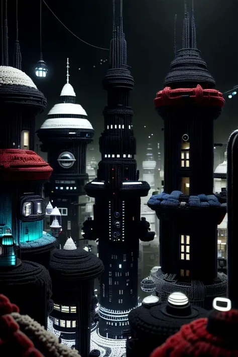 <lora:WorldofCrochet:1>, wocrochet, Futuristic dystopian city viewpoint showcasing underground rebel radio communication towers, black, white, red, blue