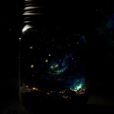 masterpiece, RAW digital photo of a mason jar with a tiny miniature universe, sharp focus, dark shadows, lit from above, highly detailed, hdr, uhd, 8k, ultra realistic, light reflections, trending on artstation