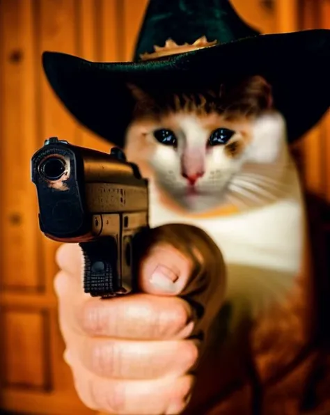 <lora:SadCatMeme_V10:0.9> <lora:gunAimingAtYouV1:0.75>, photo of sad cat sadcatmeme wearing cowboy hat with hand aiming gun++ at viewer, gunatyou, holding gun, fingers, fujifilm xt3, hasselblad dslr