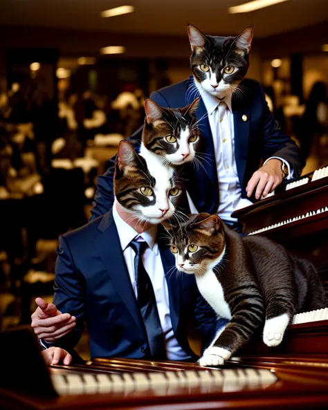 a cat in a business man suit with playing the piano, mall as background