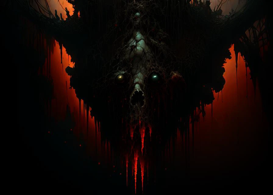 a broken forgotten god, paranormal, body horror, cosmic horror, surreal, volumetric lighting, masterpiece, trending on artstation, highres, digital painting, darkness, EMB_bontrex-150