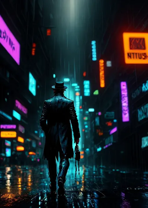 (speed painting)+ of a detective walking in a cyberpunk city, after hours, dark, raining++, dripping wet, raindrops, wallpaper, UHD, professional, cinematic lighting, film noir, fedora