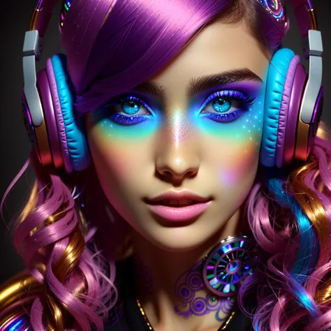 1girl, beautiful girl ((dj)), colorful hair, colorful clothes, quirky, vibrant appearance, playful accessories, creative behavior, imaginative, sensual, spontaneous, ((dj headphones, mixing console)), music club, night club, hyper detailed, detailed face, dark studio, rim lighting, two tone lighting, dimly lit, low key
(masterpiece, finely detailed beautiful eyes: 1.2, detailed hairs), (ultra-detailed, high-resolution: 1.2, realistic skin texture), look at viewers
<lora:epiNoiseoffset_v2:1> <lora:theovercomer8sContrastFix_sd15:0.3>