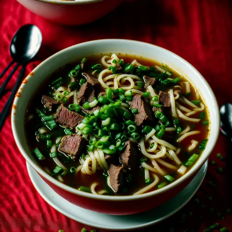 photo of an amazing Beef soup.Ramen.Scallions.Beef slices,in a bowl,busy retro diner background
