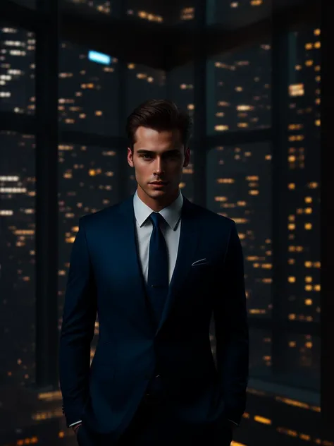 men in suit, standing, indoor, window, night city, beautiful, photorealistic, best quality, masterpiece, extremely detailed eyes and face, highest quality, skin texture, detailed fingers, intricate details, RAW photo, 8k, hyperrealism, perfectionism, max detail, hard shadows