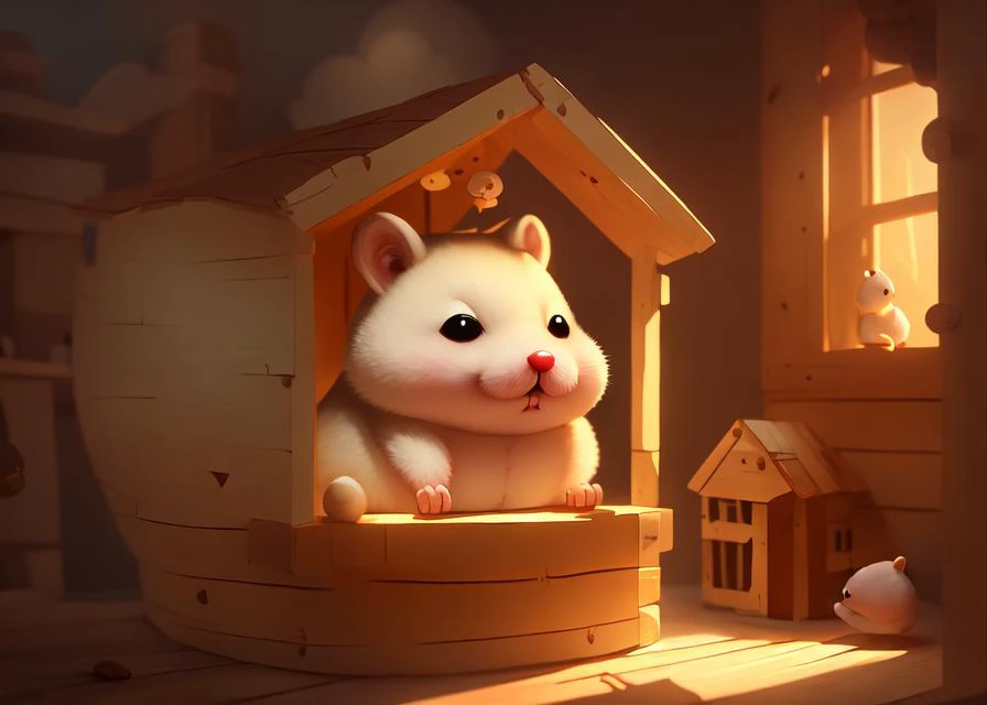 digital painting of a cute chubby hamster in his wooden home, cinematic lighting, volumetric lighting, hyperdetailed, highres, epic composition