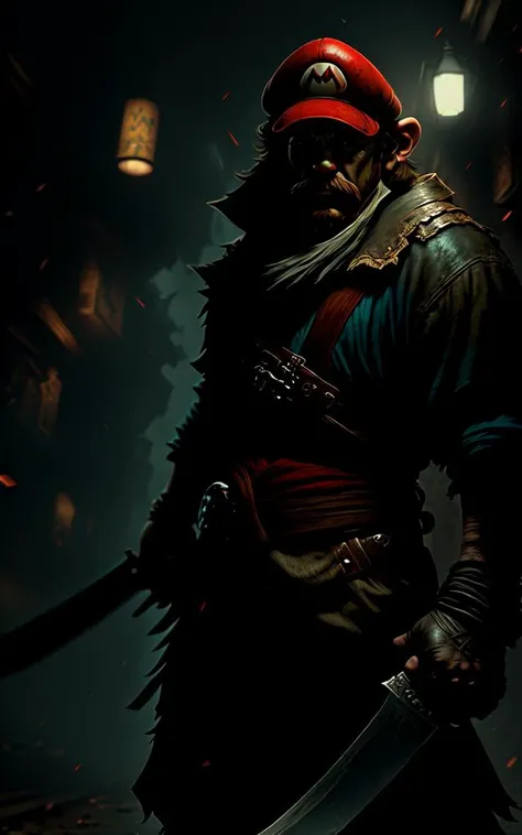 cinematic wallpaper of Mario as a badass assassin wielding a machete, gritty, soft focus, well-lit, cinematic lighting, cinematic movie still frame