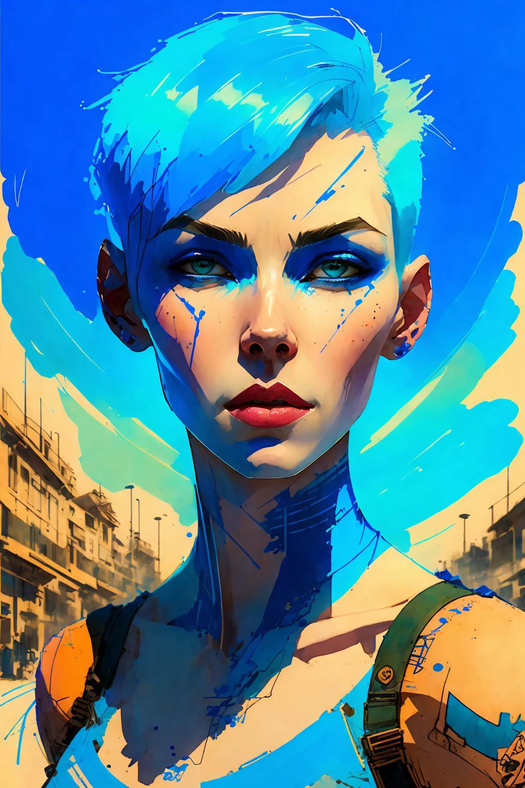 portrait of 1 woman, pale skin, blue short hair, blue lips, perspective, full body
(ink sketch by Enki Bilal)
high contrast, best shadow, cinematic lighting
(masterpiece, best quality:1.3),
<lora:epiNoiseoffset_v2:1>