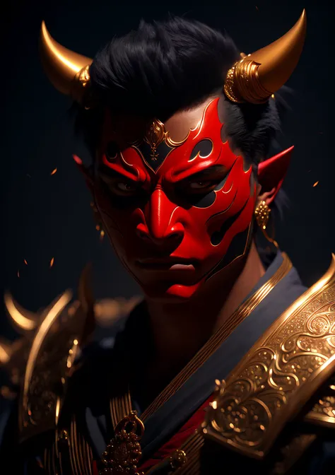 digital painting close up photo)0.4 of a young man wearing oni (mask)1.5, beautiful lighting, extremely detailed,4K, Detailed,