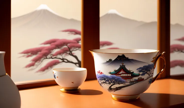 (speed painting)+ of a Japanese tea cup , inside of Japanese home in the background , fantasy,highly detailed, digital painting, highres
