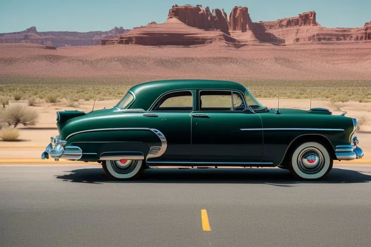RAW photo(fine-details:1.3)of a HudsonHornet, a dark green car driving in the arizona desert near gas station, ((High Angle Shot, Quarter Turn Camera Staging, From Front, From Side)), Realism,