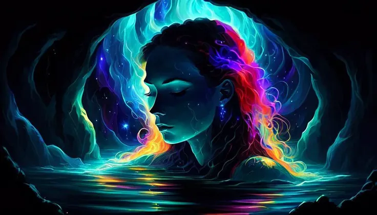 digital painting, oil painting, an extradimensional woman relaxing in water in darkness, beautiful, chiaroscuro, volumetric lighting, face focus, eyes closed, professional, hyperdetailed, celestial, after hours, colorful, vivid colors, trippy