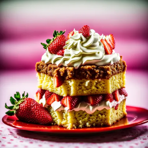 photo of an amazing  Sponge cake. Pudding filling. Strawberry. Whipped cream,busy retro diner background