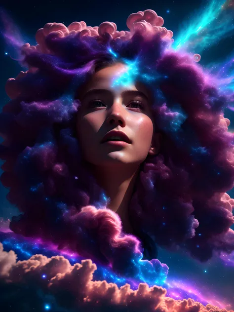 girl dissolve in the sky, hair become nebula, uhd, hyperrealism, 32k, cinematic lighting, 3d, vivid colors, beautiful, masterpiece, highest quality, 16k, hard shadows, volumetric lighting, sharp focus, 32k, unreal engine, octane render, vibrant, photorealistic