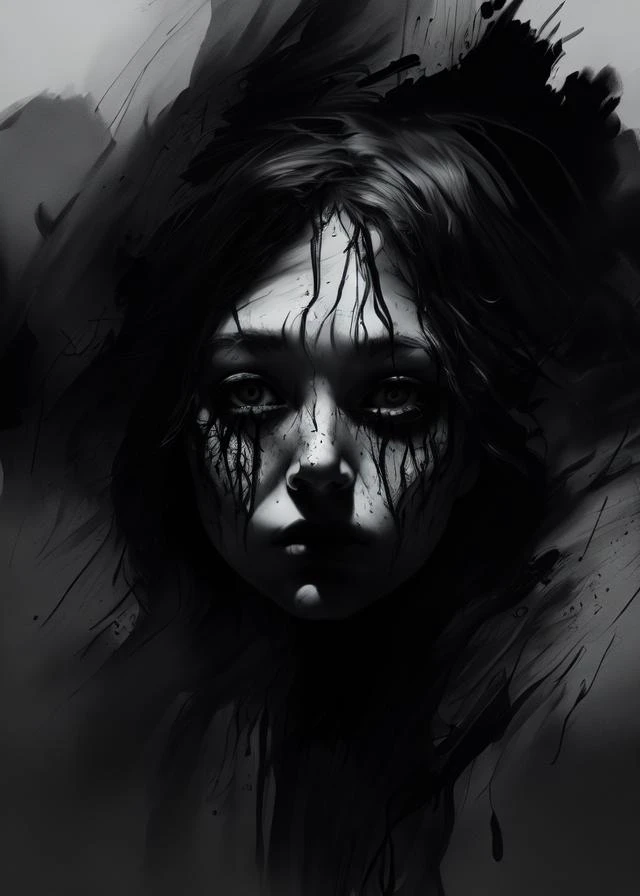 ("closeup portrait charcoal sketch of a woman dissolving into a dark mist, emotional, hyperdetailed, highres,","dark abyss, sketch, chaotic, after hours, blackness, hyperdetailed, highres").blend(0.75,1)