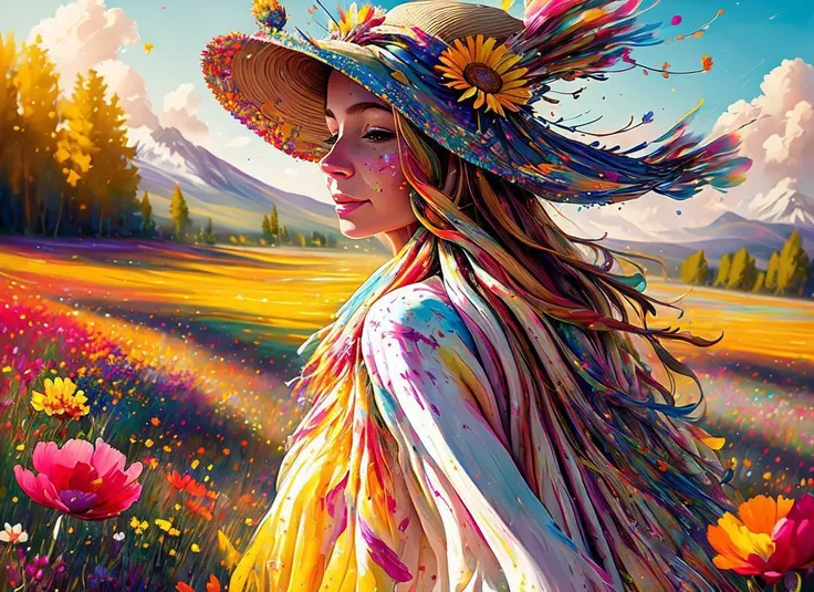 style-paintmagic pastel painting of a cottagecore latina girl skipping in a beautiful meadow, UHD, professional, warm lighting, cozy, pleasant, vivid colors, hat, facing away, flowers