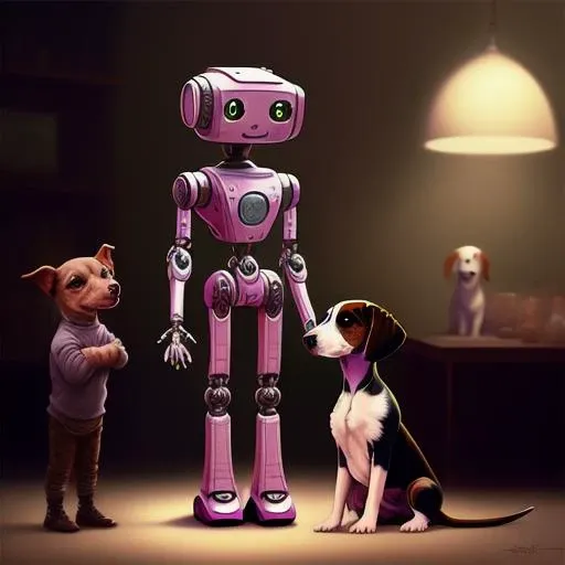 A  robot next to a  puppy,  whimsical character design, eve ventrue, patrick brown, alain laboile, booru, pink, cartoony characters