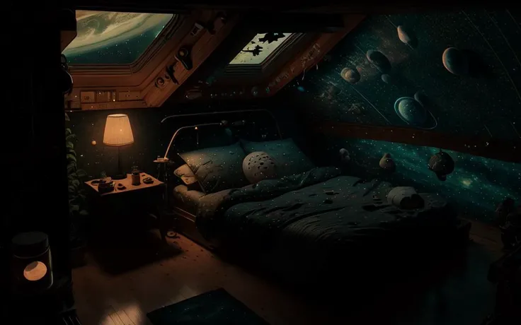 photo of a cozy spacepunk bedroom, low light, after hours