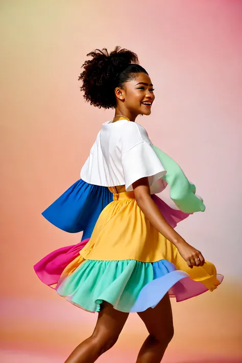 still cinematic shot of zendaya happy, dancing, (muted colors) <lora:zendaya_v10:1>