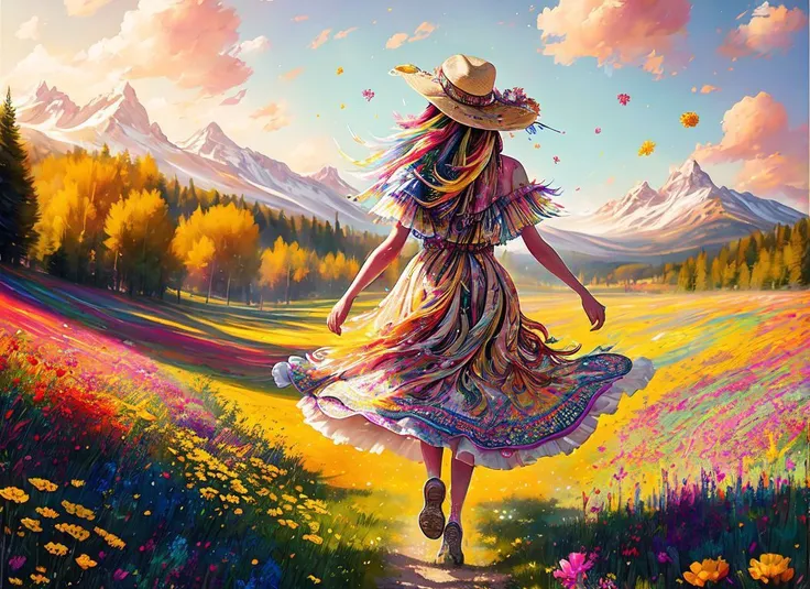 style-paintmagic pastel painting of a cottagecore latina girl skipping in a beautiful meadow, UHD, professional, warm lighting, cozy, pleasant, vivid colors, hat, facing away, flowers