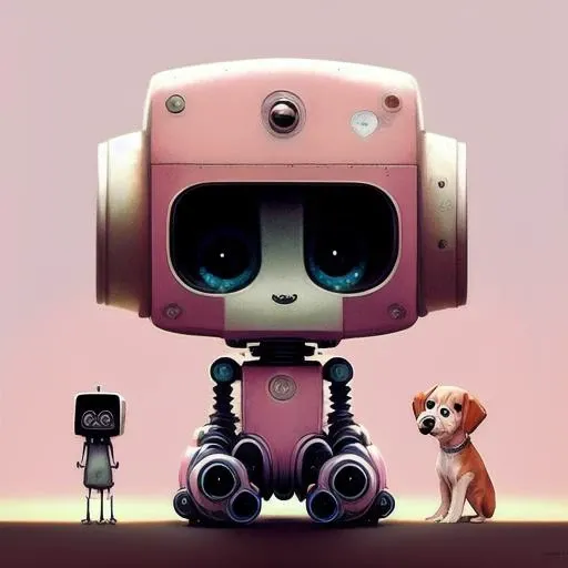 A robot next to a puppy, whimsical character design, eve ventrue, patrick brown, alain laboile, booru, pink, cartoony characters