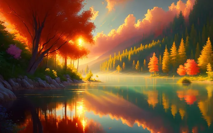 digital painting of a heavenly lake, bright warm lighting, soft focus, cozy, volumetric lighting, vivid colors