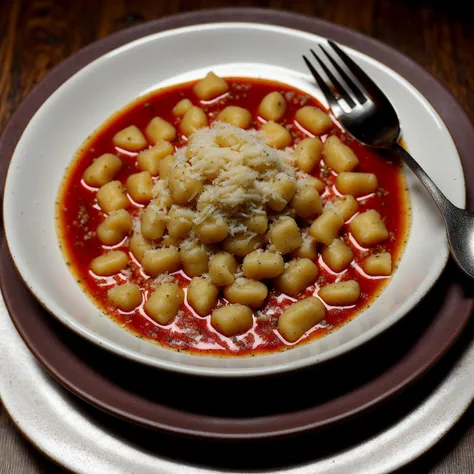 photo of an amazing gnocchi. Parmesan cheese crumbs. Peppercorns, on a plate,in a bowl,busy retro diner background