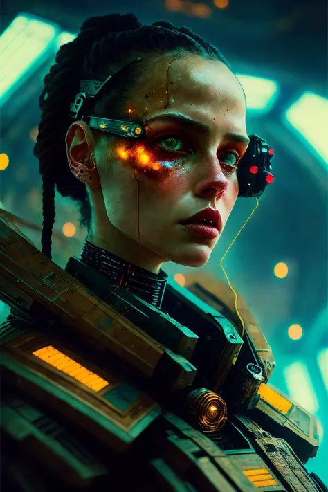 portrait 1 young woman ,science fiction, complex background  futuristic,  
dark, dim light
realistic, photorealistic 
( photo  by Enki Bilal)((masterpiece, best quality, )),