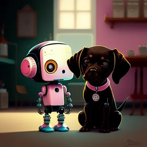 A little robot next to a black puppy, in the style of whimsical character design, eve ventrue, patrick brown, alain laboile, booru, pink, cartoony characters