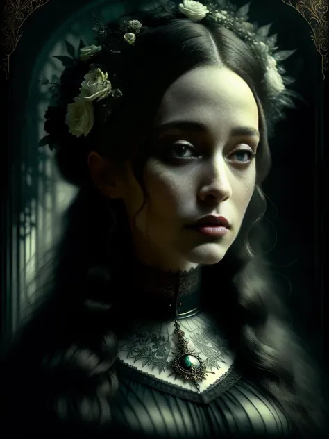 (masterpiece, best quality,gothic Art,game art:1.1),(Detailed illustration:1.2),1 woman, (Fiona Apple), woman, elaborate gemmed hair, huge victorian era intricate gown, incredible, super detail, extremely detailed, (High contrast :1.11), wind, amazing, beautiful detail eyes, messy black hair, dead, zombie, half skeleton body, in pain, (best lighting, extremely delicate and beautiful), ((movie light)),(full body:1.3) running from a white ghostly spirit, terrified