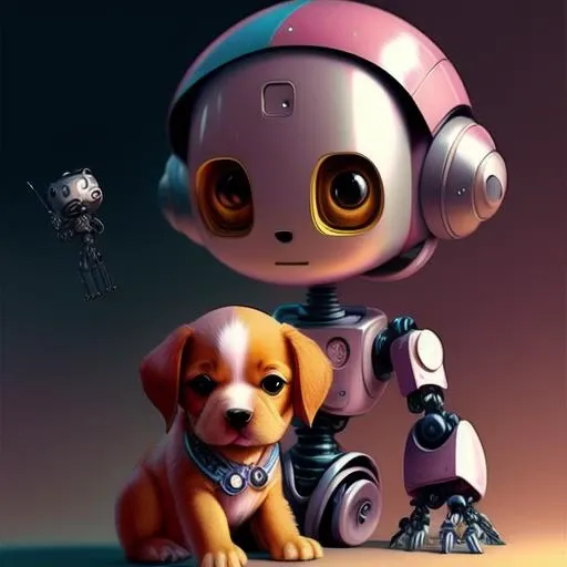 A robot next to a puppy, whimsical character design, eve ventrue, patrick brown, alain laboile, booru, pink, cartoony characters