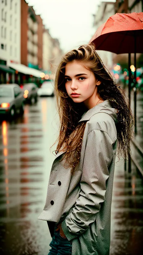(photo)++ of a stern self-assured pretty teen in the rain, wet hair, city streets background, skin pores, wide angle 20mm f/11 on kodak ektachrome e100, overcast, soft focus, film grain, desaturated, muted colors, eye contact, detailed face