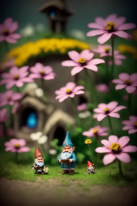 gnome, tilt-shift, flower foreground, hamlet background