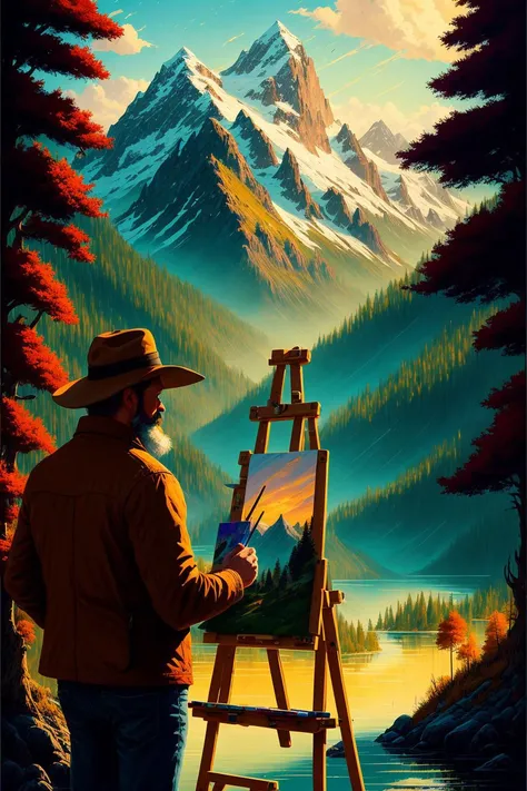 A man is painting a landscape on a canvas. He is wearing a brown jacket and a hat, and he has a beard and glasses. He is calm and creative as he paints a scene of mountains, trees, and a lake. The light is coming from behind him, creating a silhouette of him and his easel. The scene is peaceful and artistic.