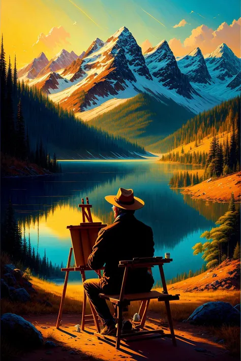 A man is painting a landscape on a canvas. He is wearing a brown jacket and a hat,and he has a beard and glasses. He is calm and creative as he paints a scene of mountains,trees,and a lake. The light is coming from behind him,creating a silhouette of him and his easel. The scene is peaceful and artistic.